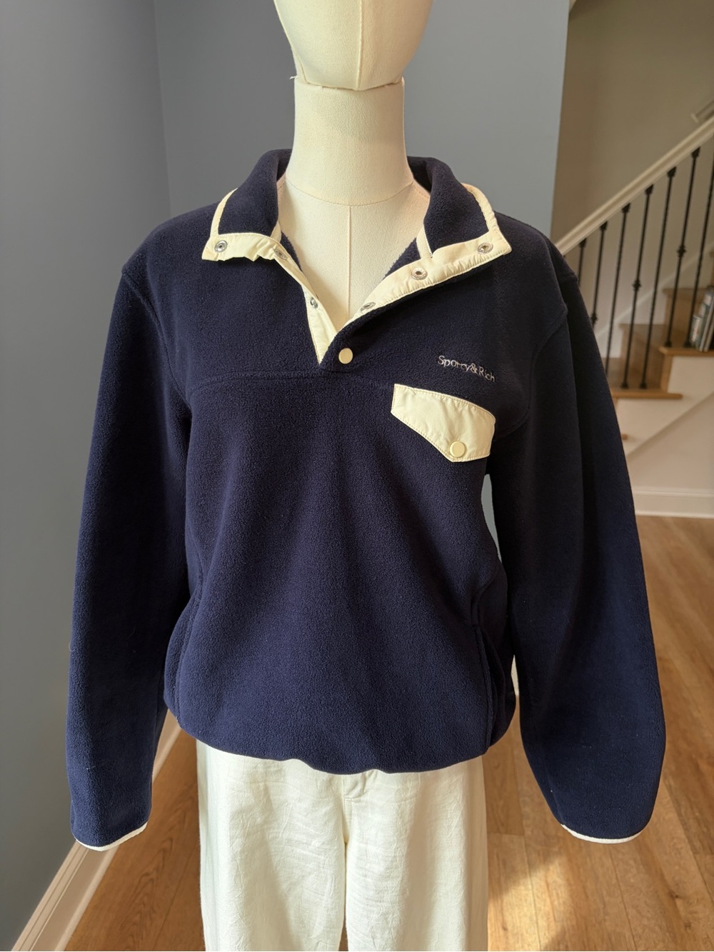 Sporty & Rich Navy Fleece Snap Pullover Jacket Size L Cream Trim